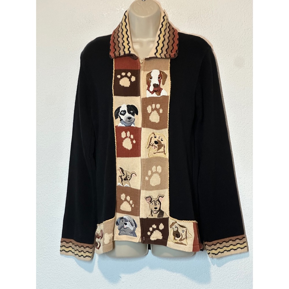 Storybook Knits Dog Adoption Cardigan Sweater Black Full Zip Embroidered Medium